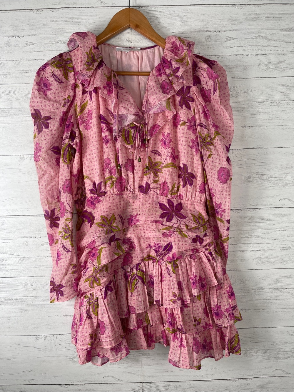Olivaceous Pink Floral Ruffle Mini Dress with Purple Accents